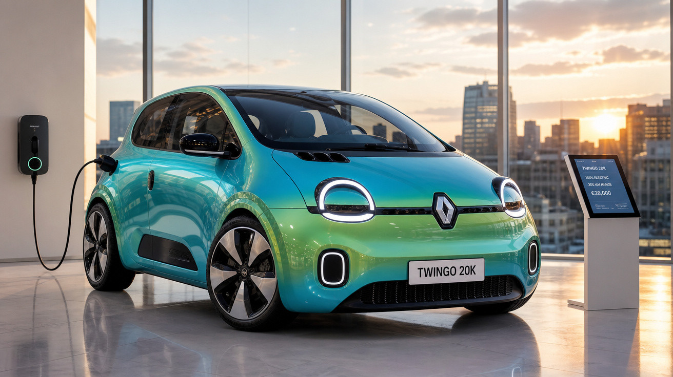 Carro elétrico Renault Twingo 20K verde em exposição, conectado a carregador, com edifícios ao fundo ao pôr do sol.