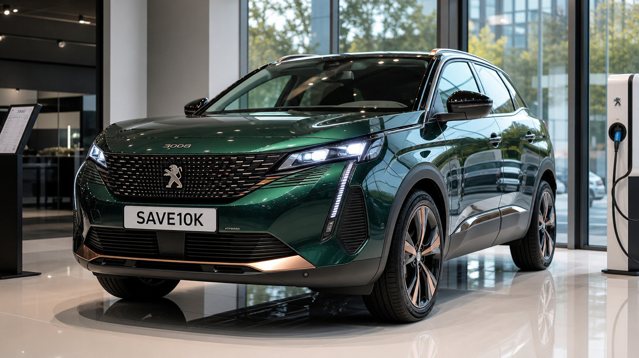 SUV verde elétrico da Peugeot modelo 3008 em showroom moderno com carregador elétrico ao lado.