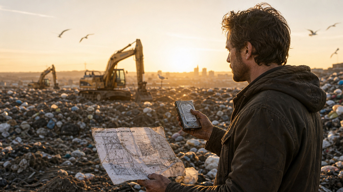 Homem com mapa e rádio em lixão ao pôr do sol com tratores e gaivotas ao fundo.