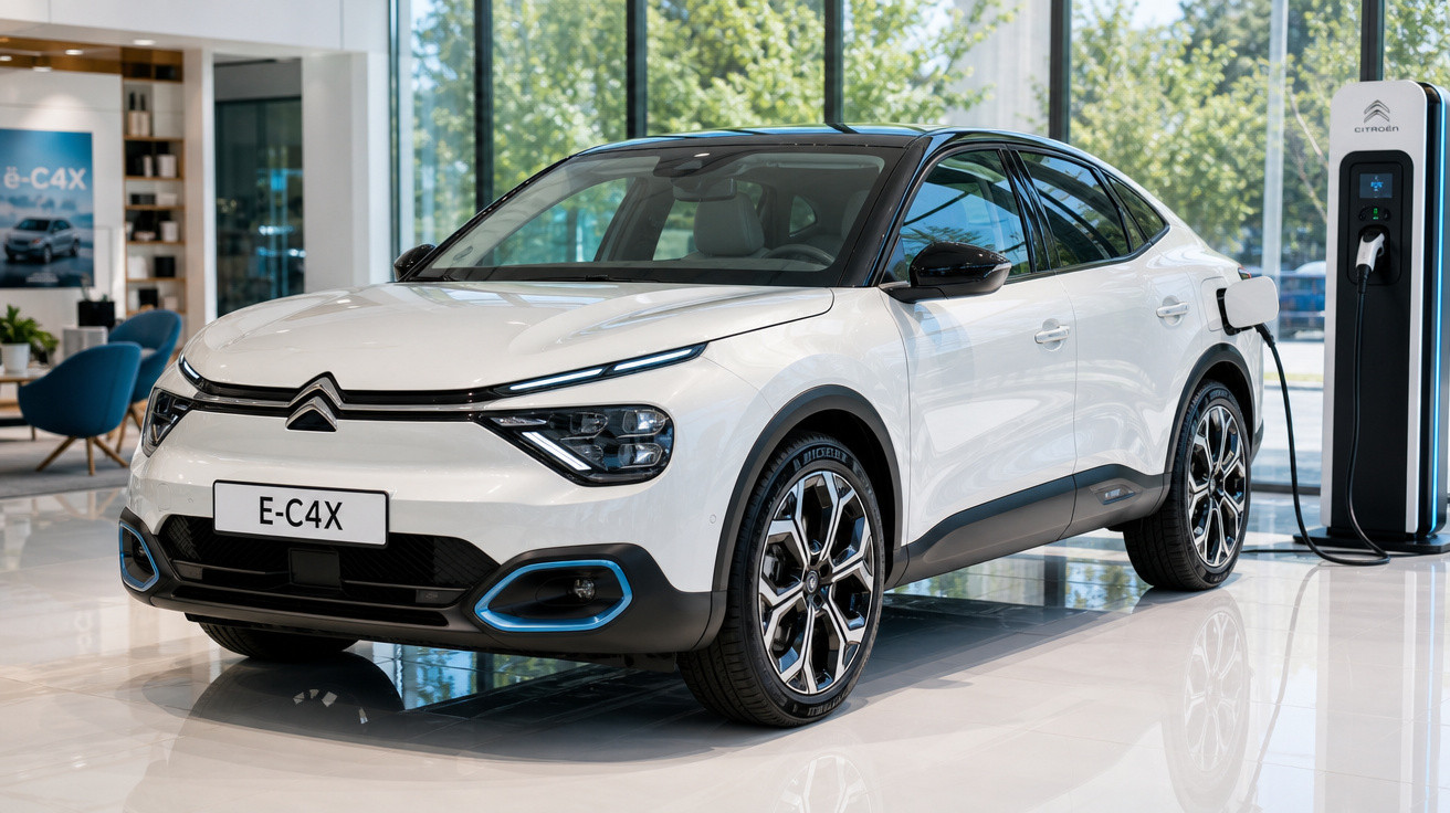 Carro elétrico Citroën E-C4X branco carregando em estação de recarga em showroom moderno.