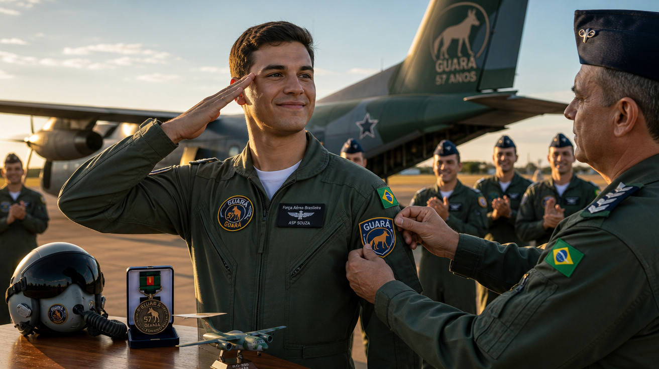 Militar brasileiro recebendo distintivo durante cerimônia de homenagem com avião e colegas ao fundo.