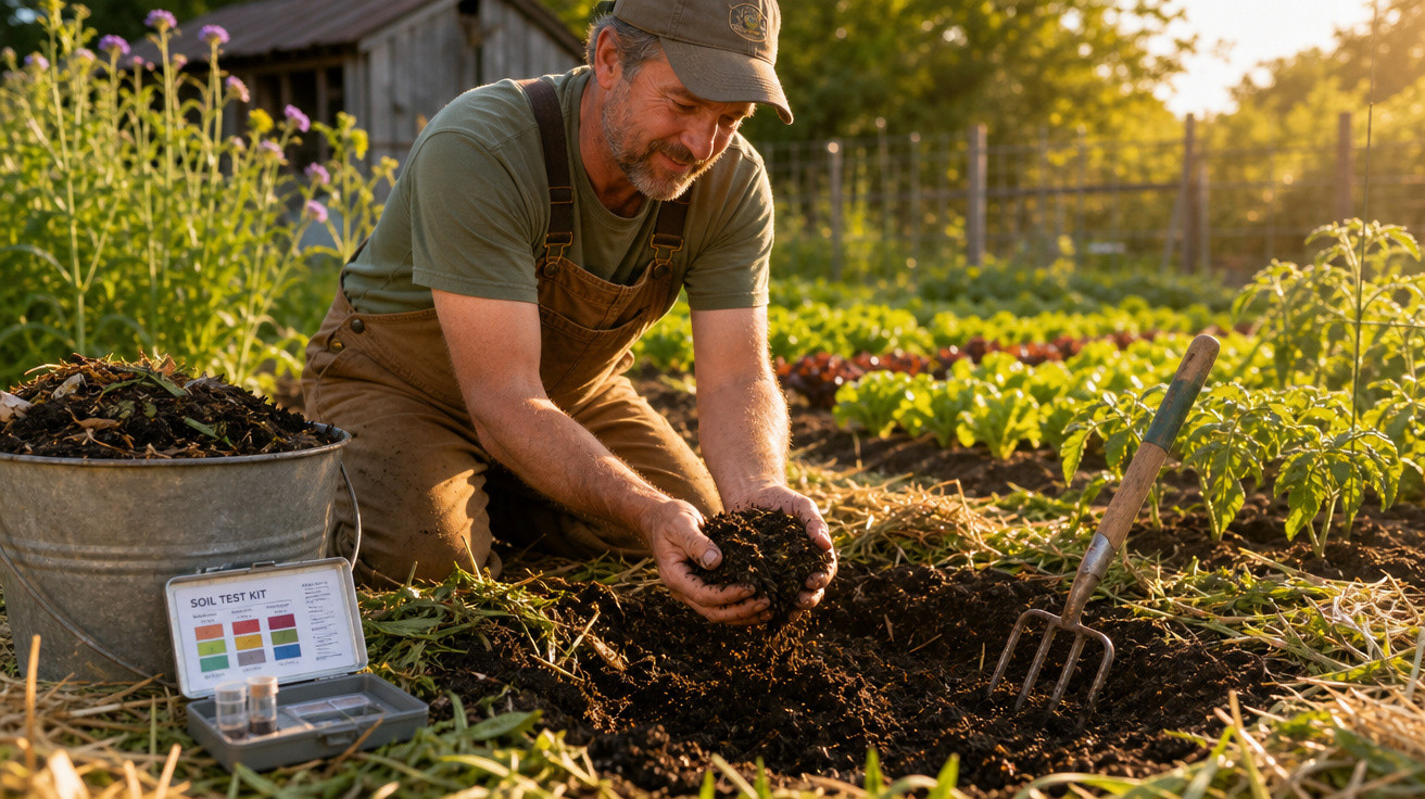 Homem de jardineiro analisando terra em um jardim com plantas e ferramentas ao entardecer.