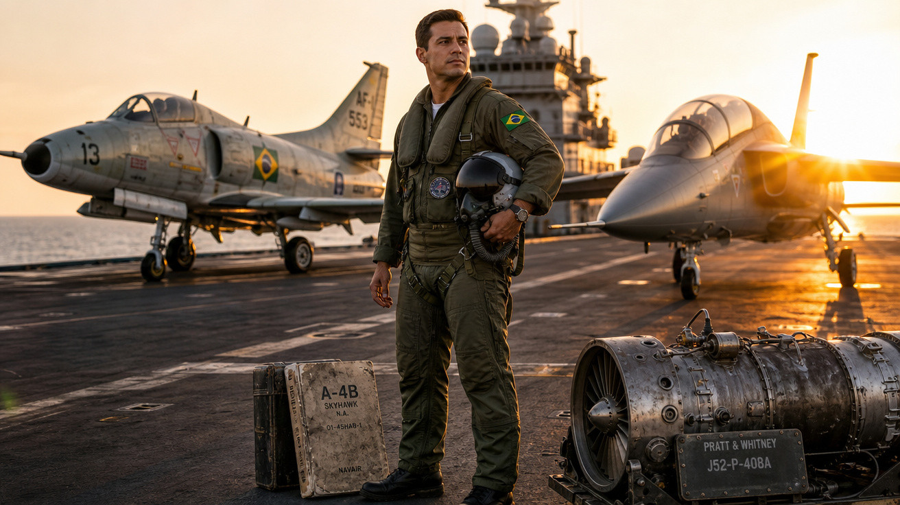 Piloto militar brasileiro em convés de porta-aviões ao pôr do sol, com aviões e motor de avião ao redor.