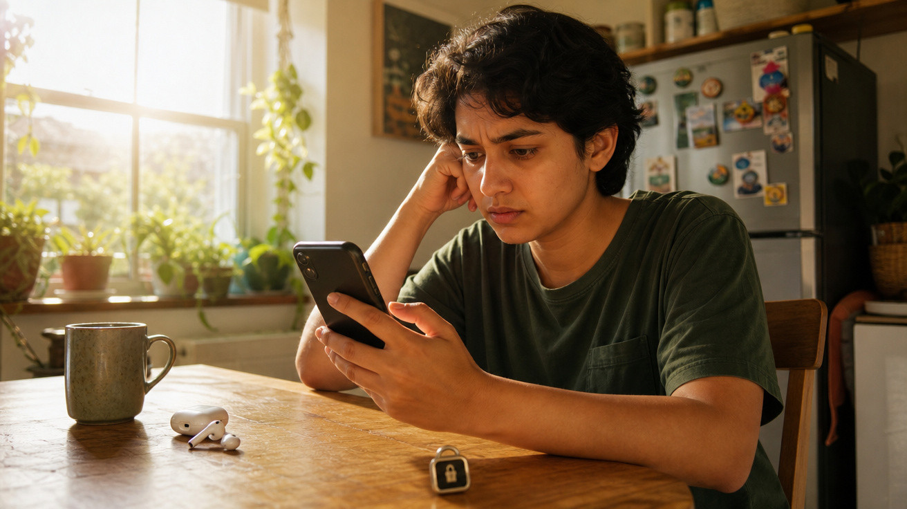 Pessoa jovem com expressão preocupada olhando para celular em mesa com fones, caneca e cadeado.