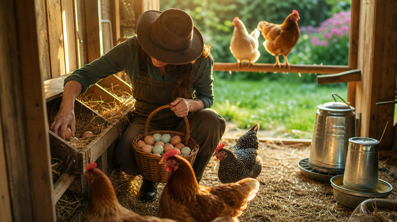 Mulher colhendo ovos coloridos em galinheiro rústico, rodeada por galinhas e luz do sol natural.