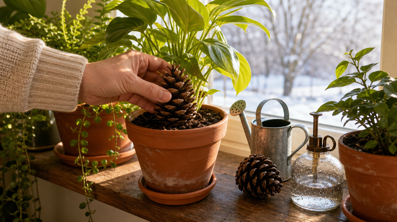 Mão feminina coloca pinha em vaso com planta em prateleira de madeira próxima a janela ensolarada.