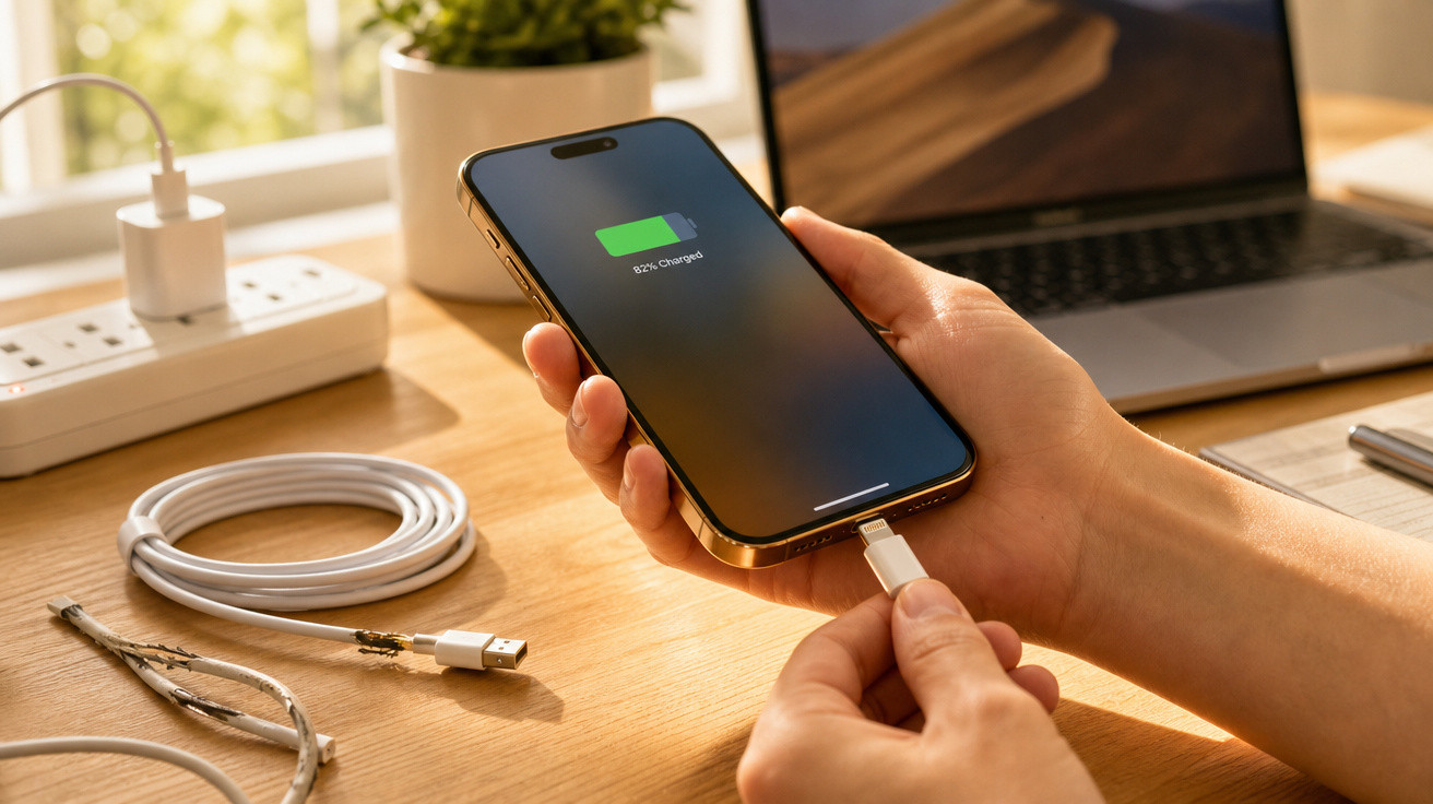 Pessoa conectando cabo USB para carregar celular com bateria em 82% sobre mesa de madeira.