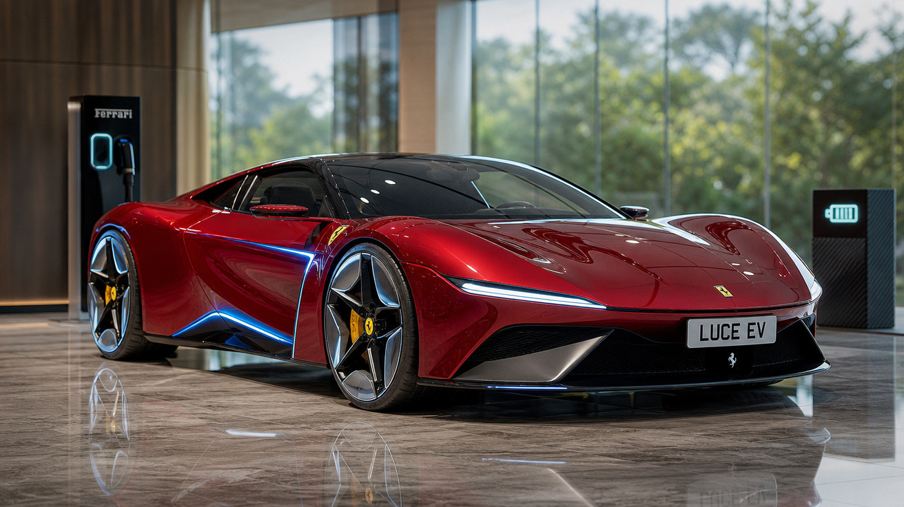 Carro esportivo elétrico vermelho Ferrari Luce EV em recarga dentro de showroom moderno.