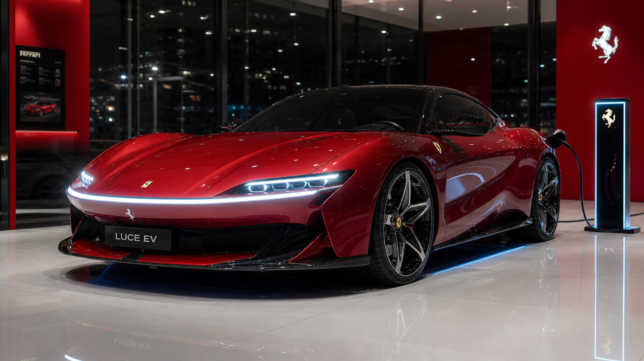 Carro esportivo elétrico Ferrari Luce EV vermelho em exposição com iluminação ambiente moderna.
