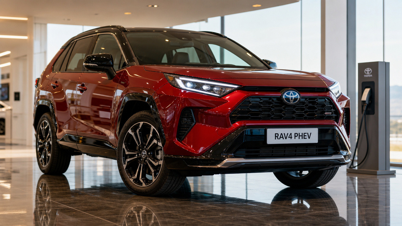 SUV Toyota RAV4 PHEV vermelho em showroom sendo carregado em estação elétrica.