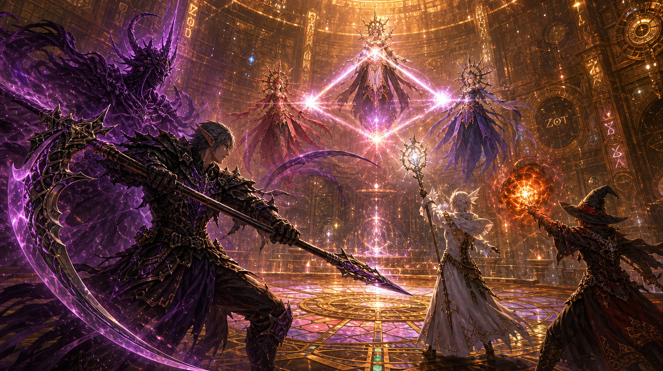 Cena de fantasia com magos e guerreiro em duelo mágico dentro de catedral dourada iluminada por luzes místicas.