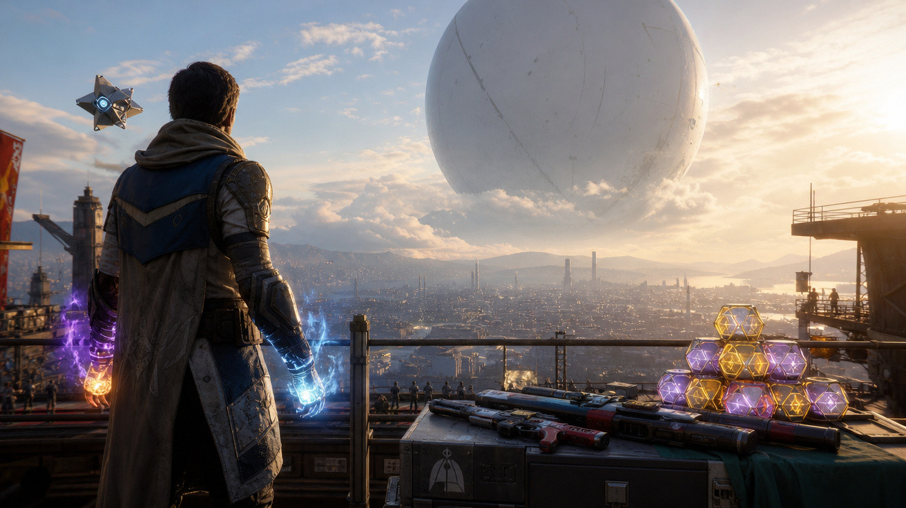 Personagem com poderes mágicos observa esfera gigante flutuante sobre cidade futurista ao pôr do sol.