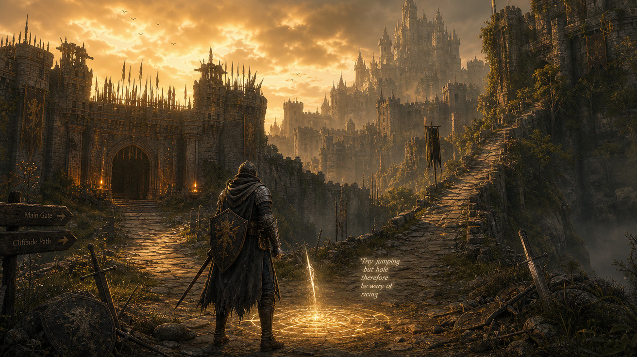 Cavaleiro com armadura medieval em entrada de castelo sombrio ao entardecer com céu dourado e escada de pedra à direita.