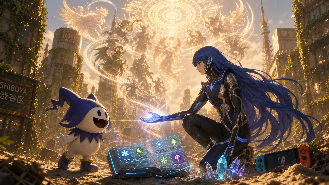 Cena futurista com personagem de armadura azul, criatura sorridente e livro mágico em cidade abandonada coberta por vegetação