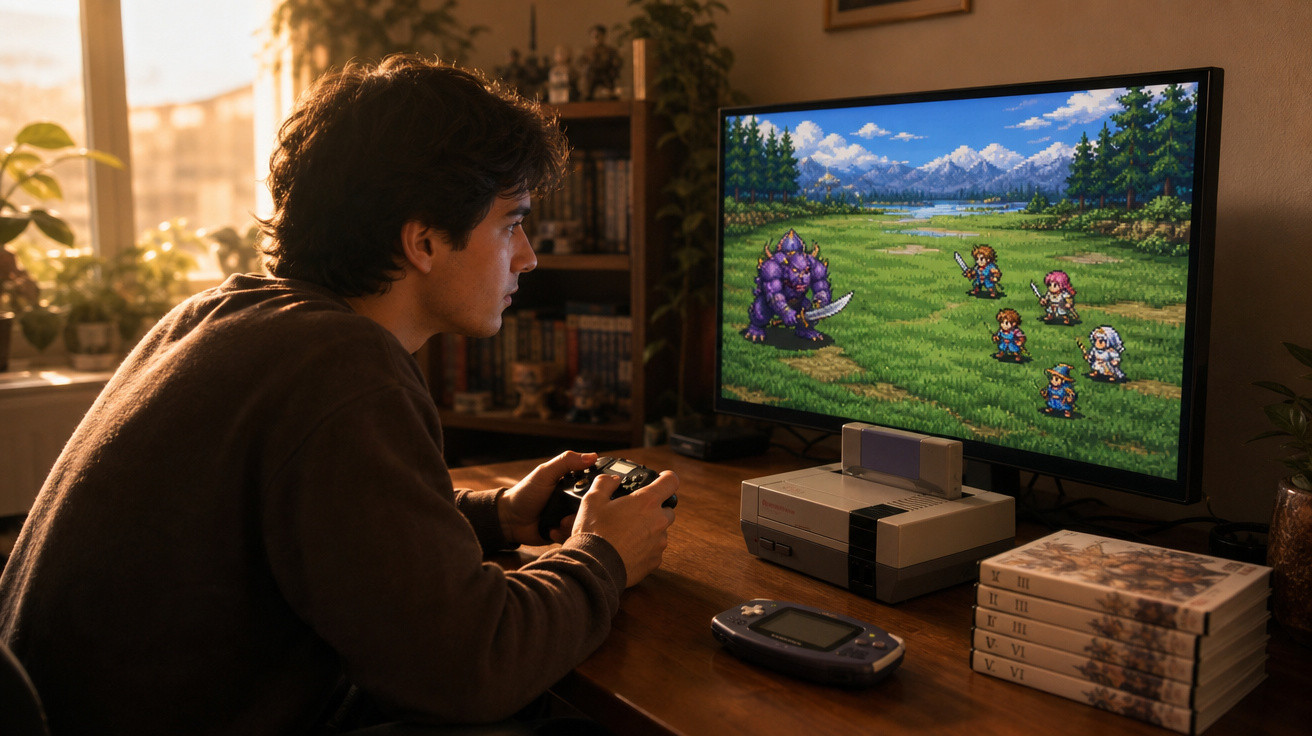 Jovem jogando videogame retrô em console com jogo de luta pixelado na tela.