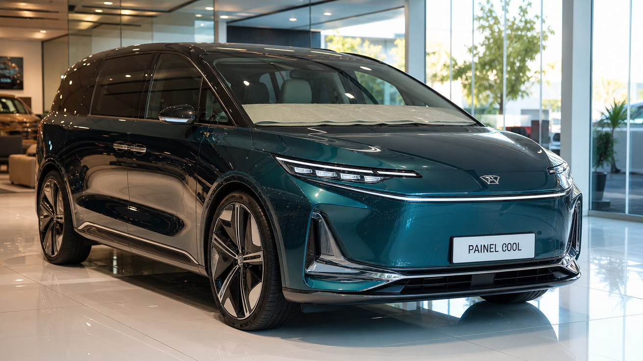 Carro elétrico moderno azul escuro exibido em showroom com iluminação e pisos brilhantes.