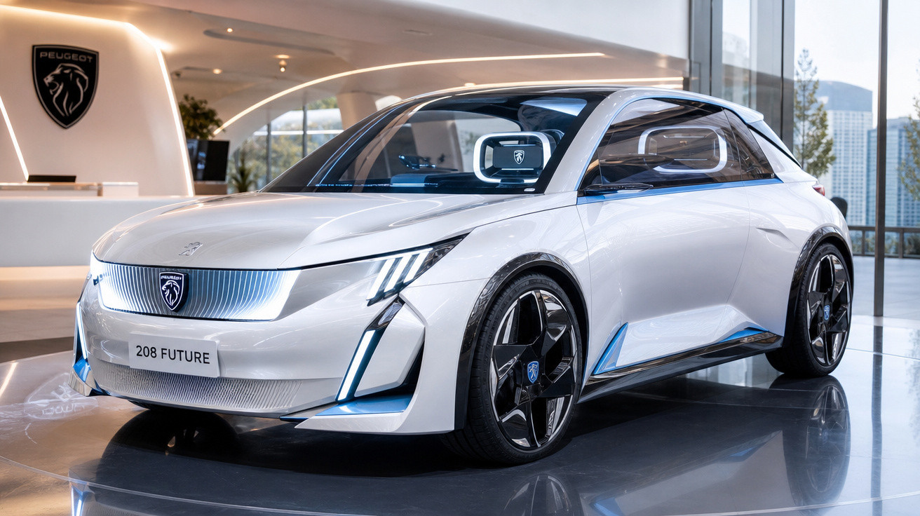 Carro conceito Peugeot 208 Future branco em exposição com design futurista e acabamento em azul.