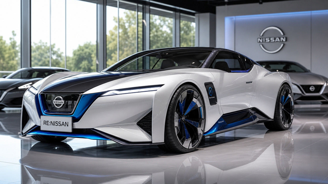 Carro esportivo elétrico Nissan branco e azul em showroom moderno com logo da Nissan ao fundo.