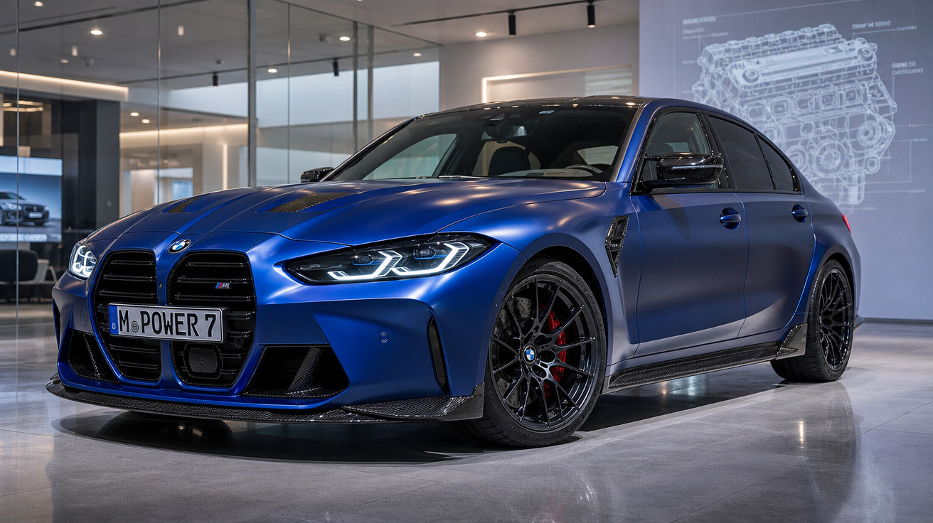 Carro esportivo BMW M3 azul metálico exibido em showroom moderno com luzes refletindo no piso.