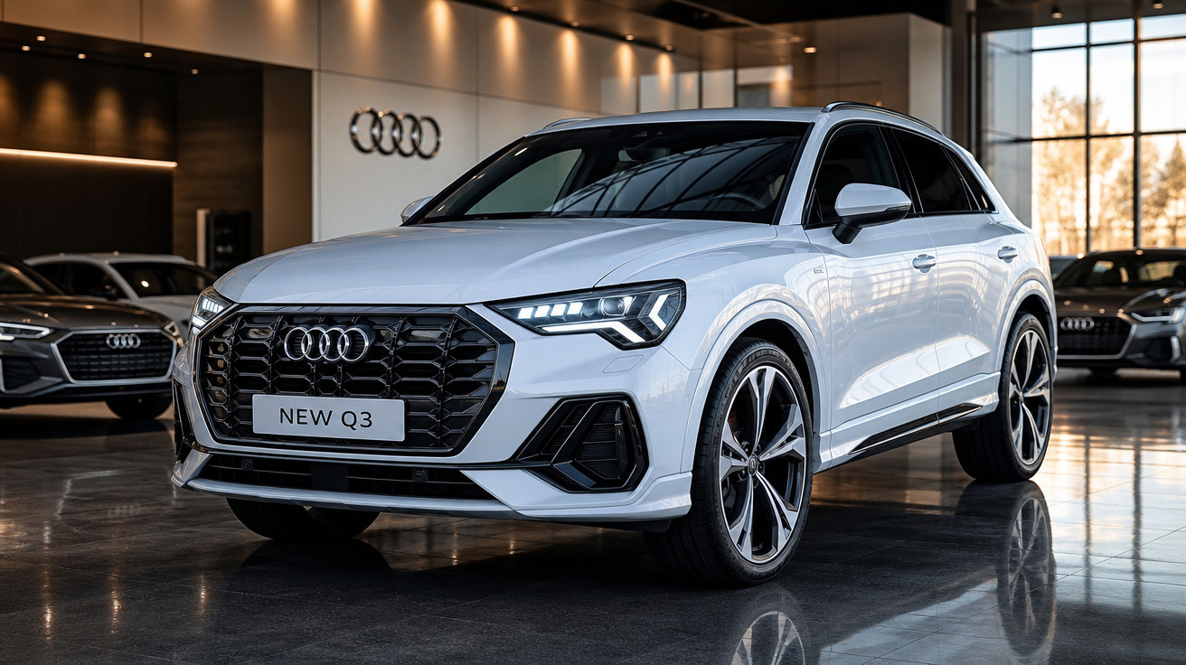 Carro SUV branco Audi New Q3 exibido em showroom moderno e espaçoso com iluminação ambiente.
