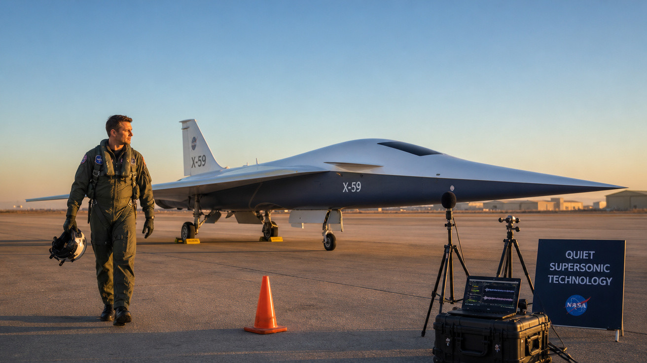 Piloto caminha perto do avião experimental X-59 da NASA em pista ao pôr do sol.