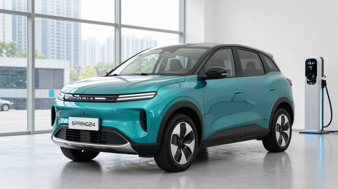 Carro elétrico SUV azul turquesa estacionado em ambiente interno próximo a estação de recarga.