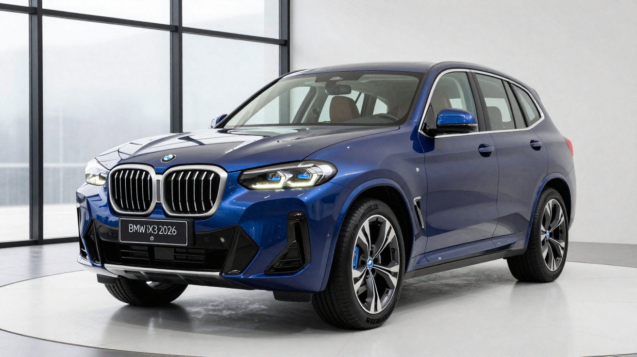 BMW iX3 2026 azul estacionado em estúdio com iluminação natural.