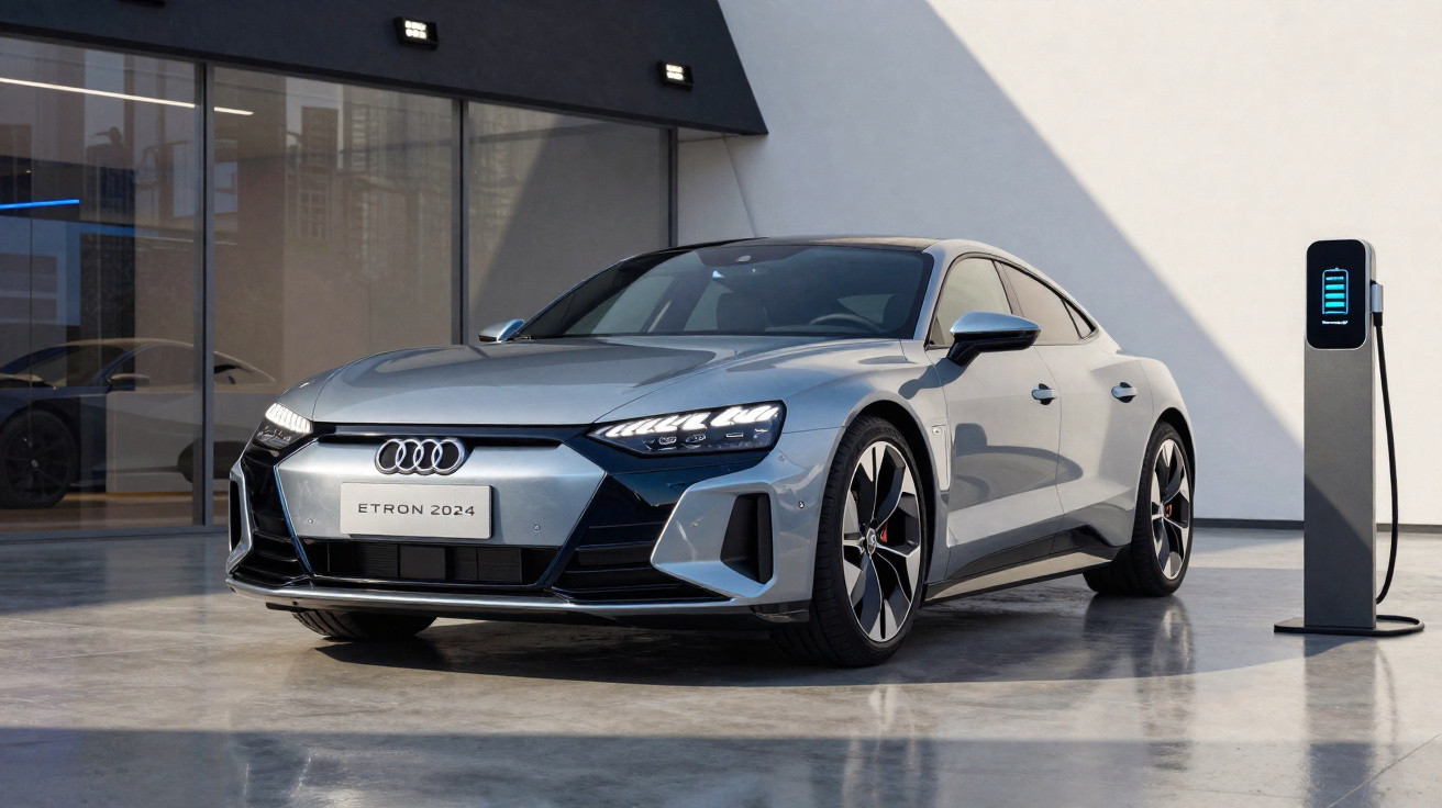 Carro elétrico Audi e-tron 2024 prata estacionado ao lado de um carregador em ambiente moderno.