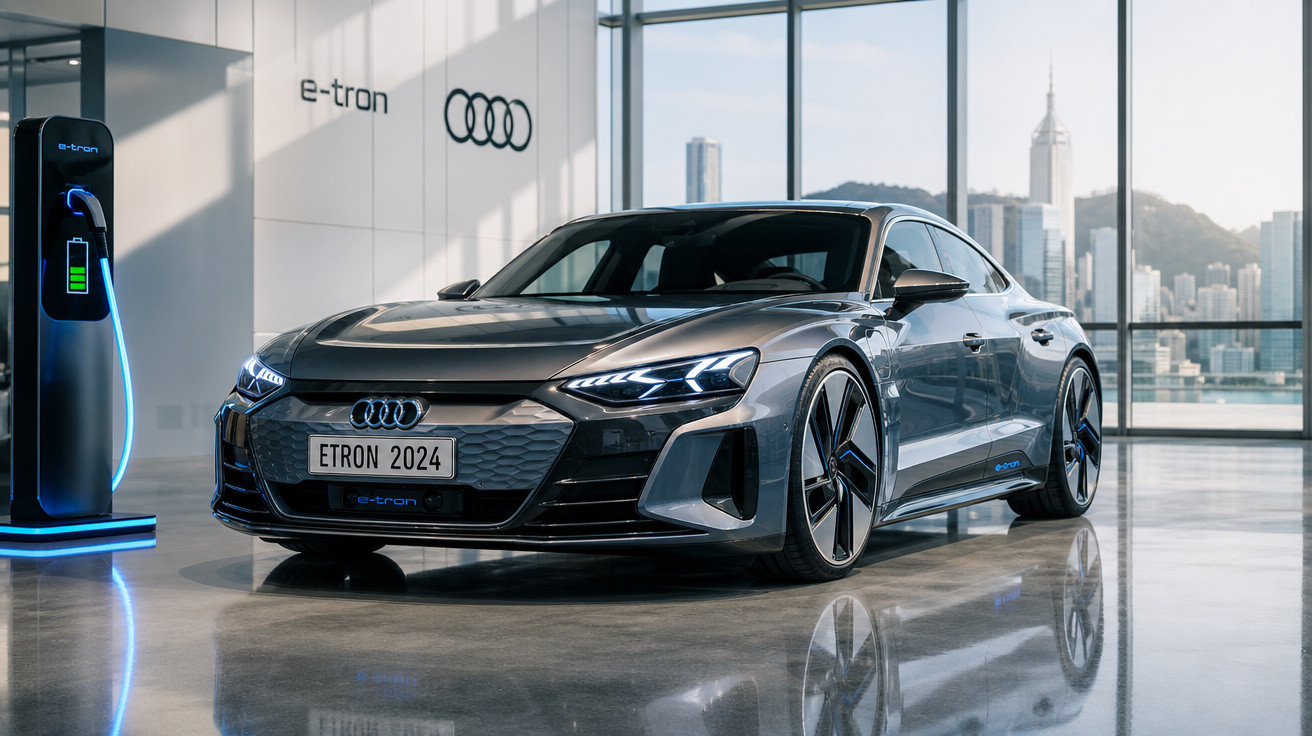 Carro elétrico Audi e-tron 2024 cinza estacionado ao lado de carregador em showroom moderno com vista urbana.