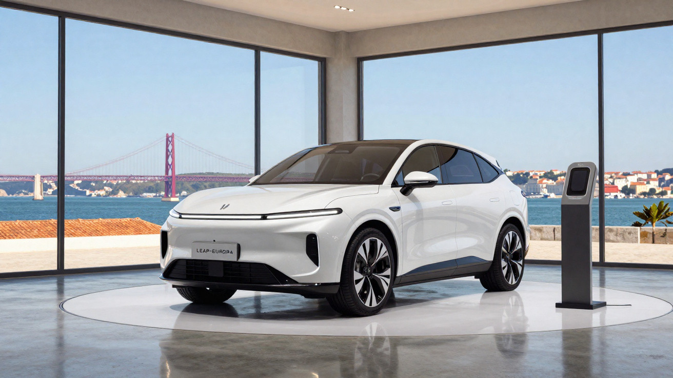 Carro elétrico branco estacionado em showroom moderno com vista para ponte e cidade ao fundo.