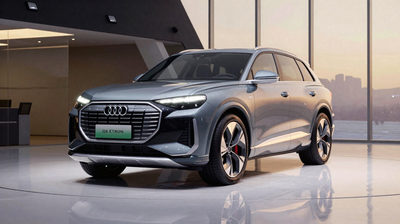 SUV Audi Q6 e-tron cinza estacionado em showroom moderno com vista panorâmica ao fundo.