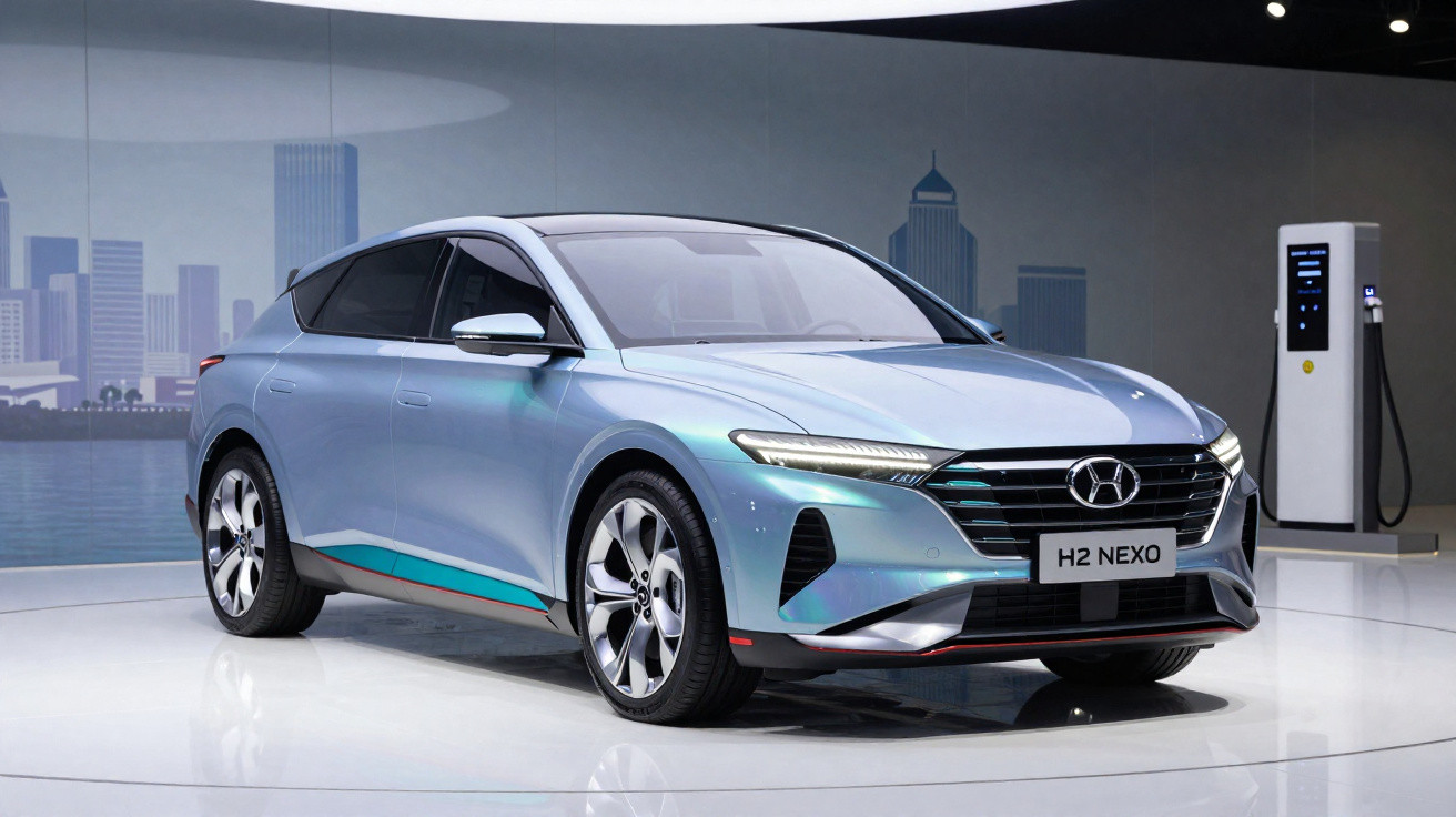 Carro elétrico Hyundai H2 NEXO azul exibido em salão, com estação de recarga ao fundo.