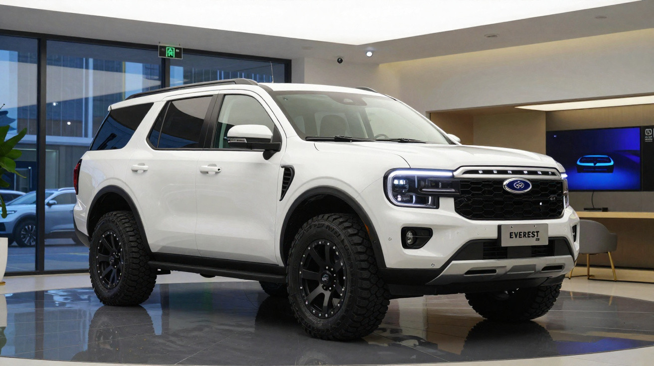 SUV branco Ford Everest em showroom moderno, com rodas pretas e pneus robustos, vista frontal lateral direita.