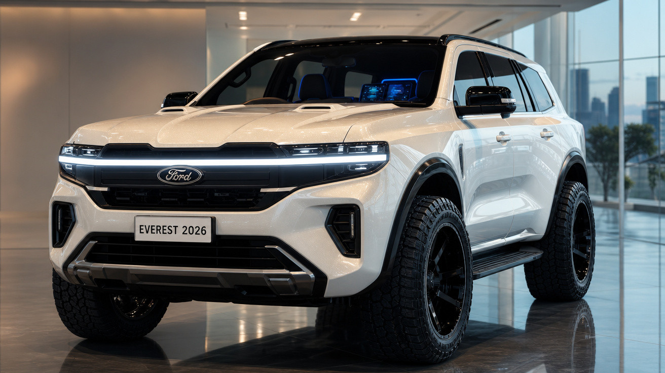 SUV Ford Everest 2026 branco, moderno, com faróis de LED e rodas grandes em ambiente interno.