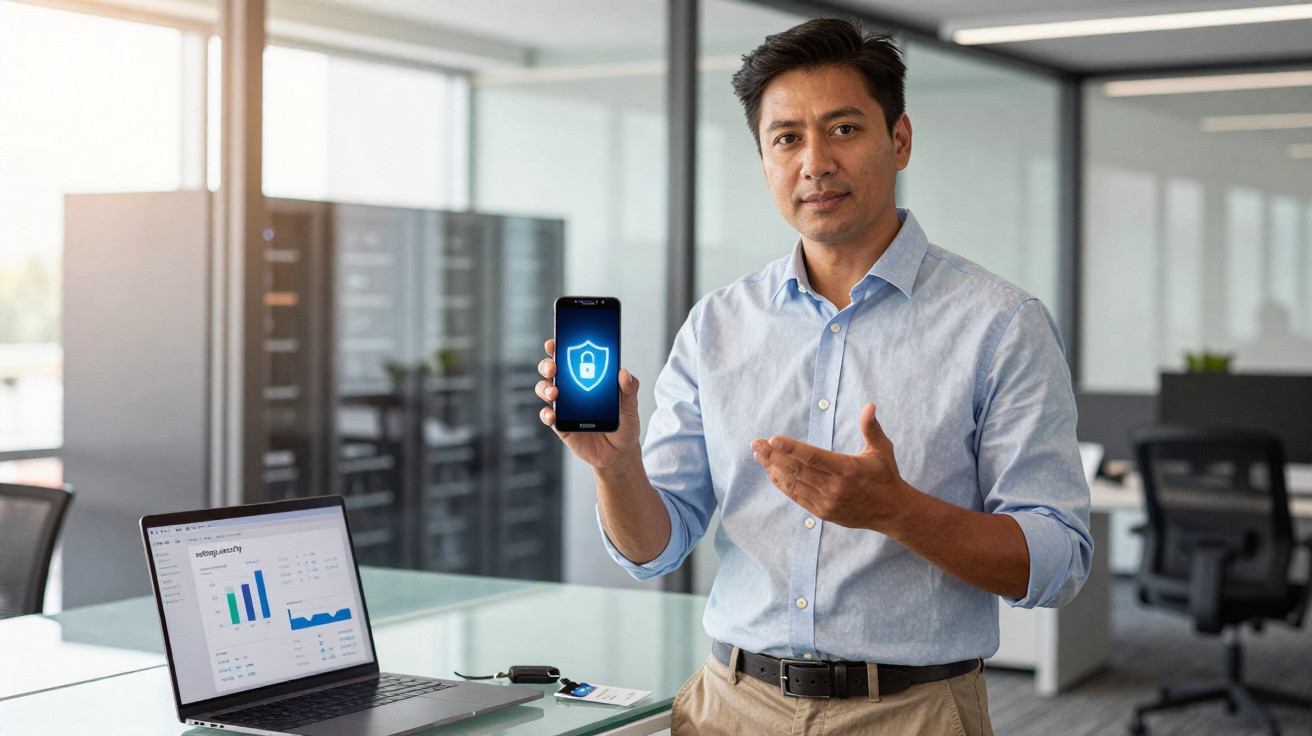 Homem em escritório mostra celular com ícone de cadeado simbolizando segurança digital.