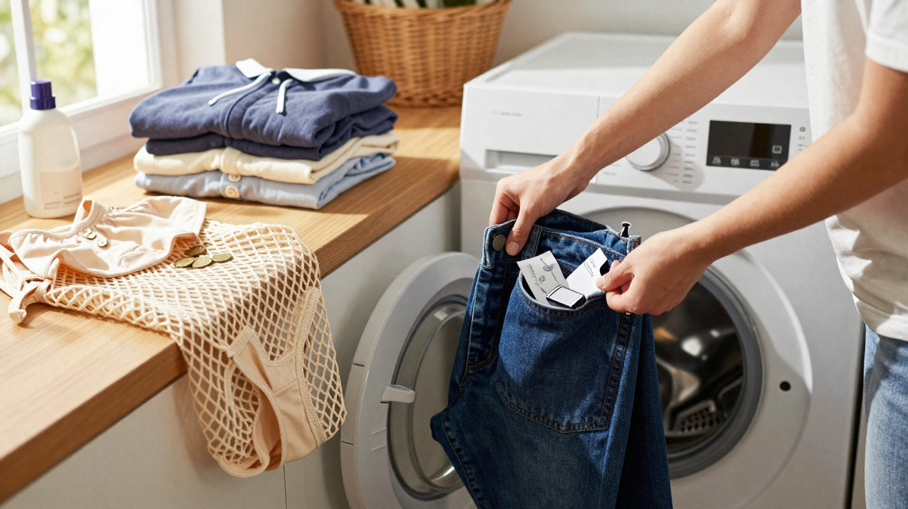 Pessoa retirando etiquetas de jeans antes de colocar na máquina de lavar roupas branca, com roupas dobradas ao lado.
