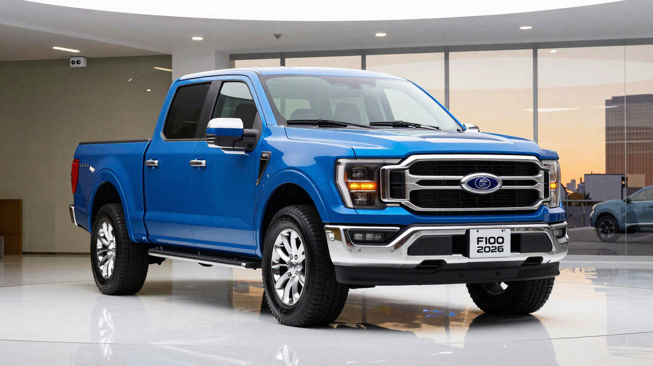 Picape azul Ford F-100 2026 estacionada em ambiente interno moderno com piso branco e parede envidraçada.