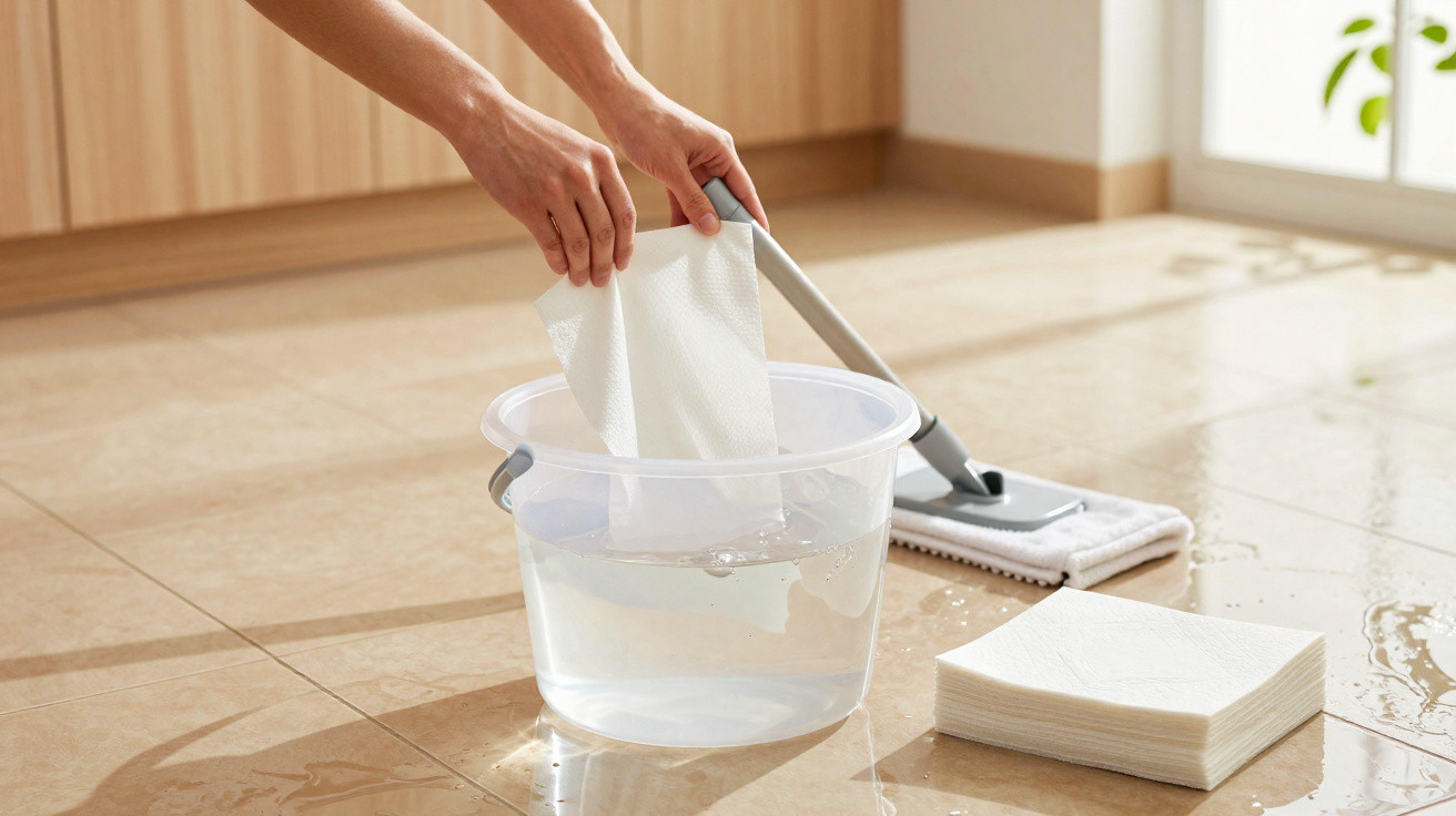 Mãos molhando pano branco em balde transparente com água para limpar piso bege brilhante.