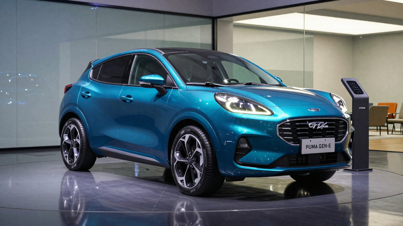 Carro elétrico azul Ford Puma GEN-E exibido em estande moderno com chão espelhado.