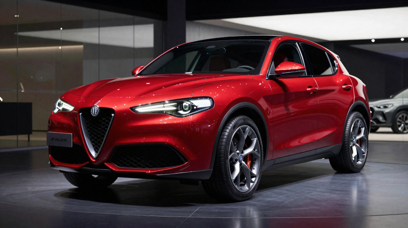 Carro SUV Alfa Romeo vermelho em exposição indoor com visual moderno e esportivo.