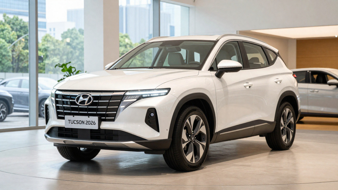 Carro SUV branco Hyundai Tucson 2026 em showroom com detalhes modernos e rodas grandes.