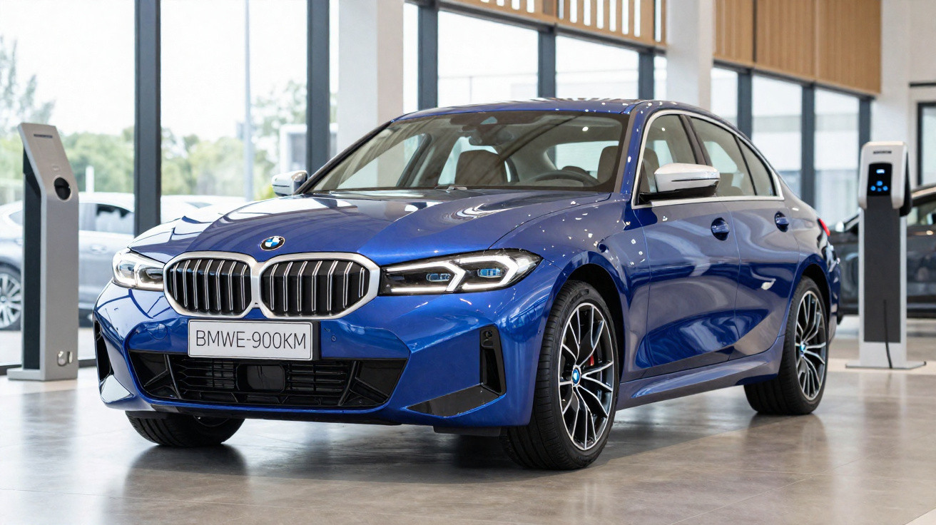 Carro sedan azul BMW estacionado em showroom moderno com paredes envidraçadas.