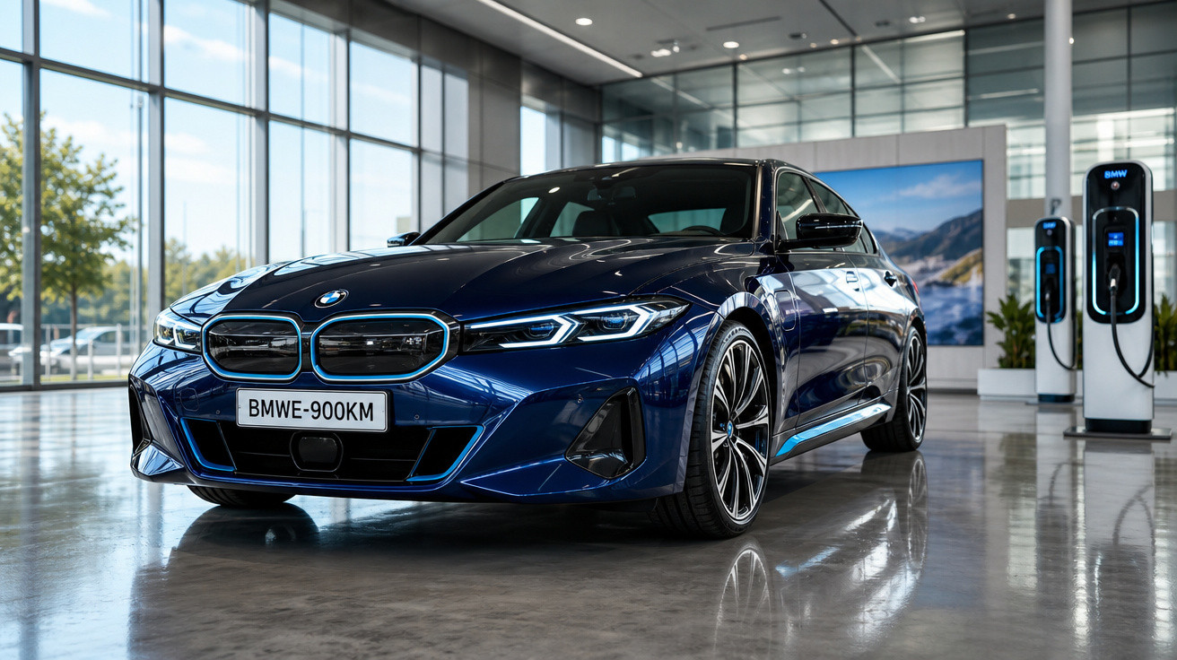 Carro BMW elétrico azul estacionado em showroom moderno com carregadores ao fundo.