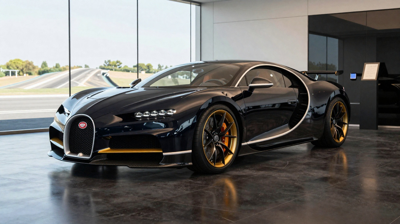 Carro esportivo Bugatti Chiron preto com detalhes dourados em showroom moderno com janela grande.