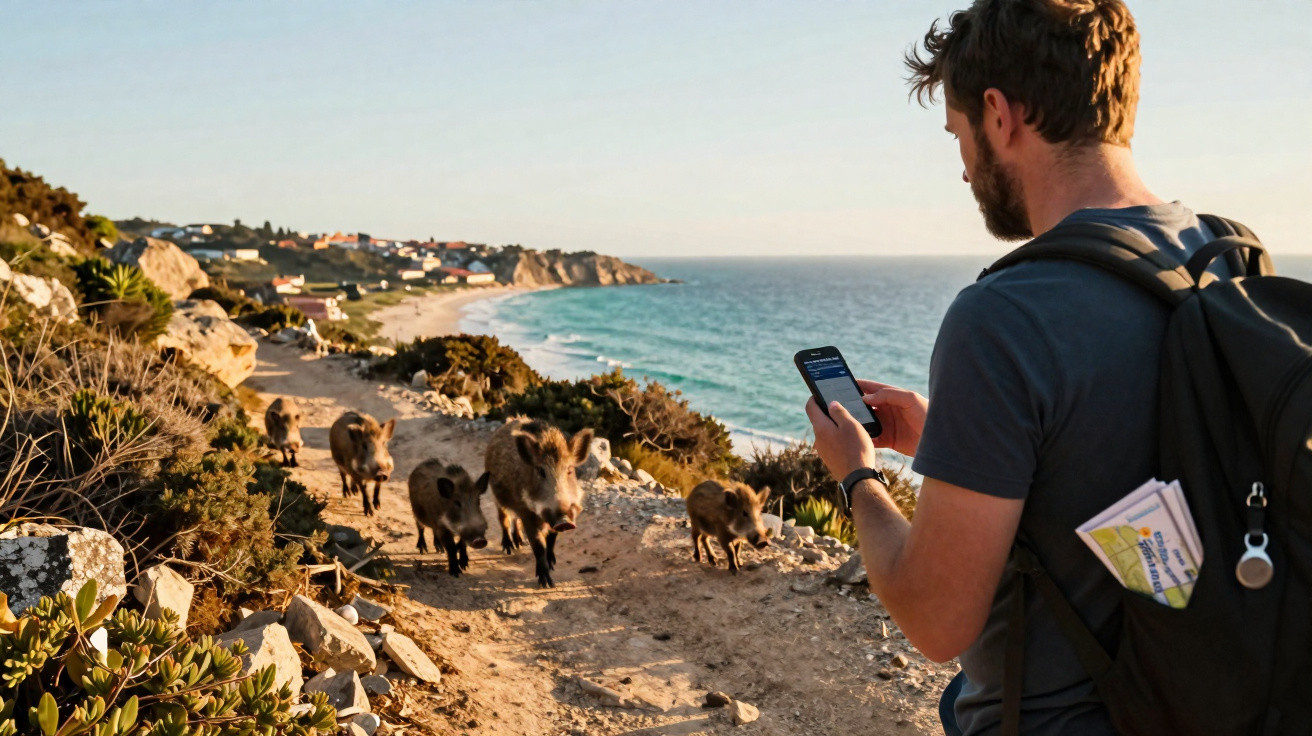 Homem com mochila usa celular enquanto observa grupo de porcos selvagens em trilha costeira às margens do mar.
