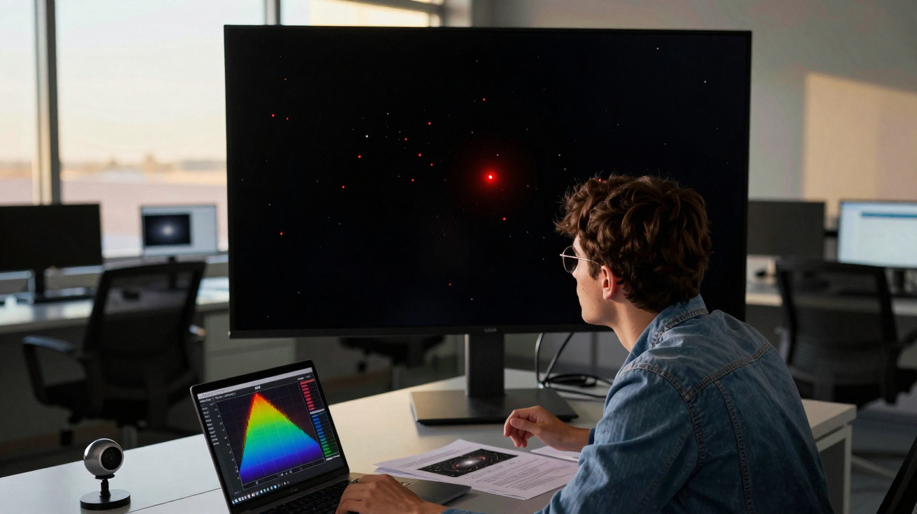 Homem em escritório olhando gráfico colorido no laptop e imagem de estrelas em tela grande à frente.