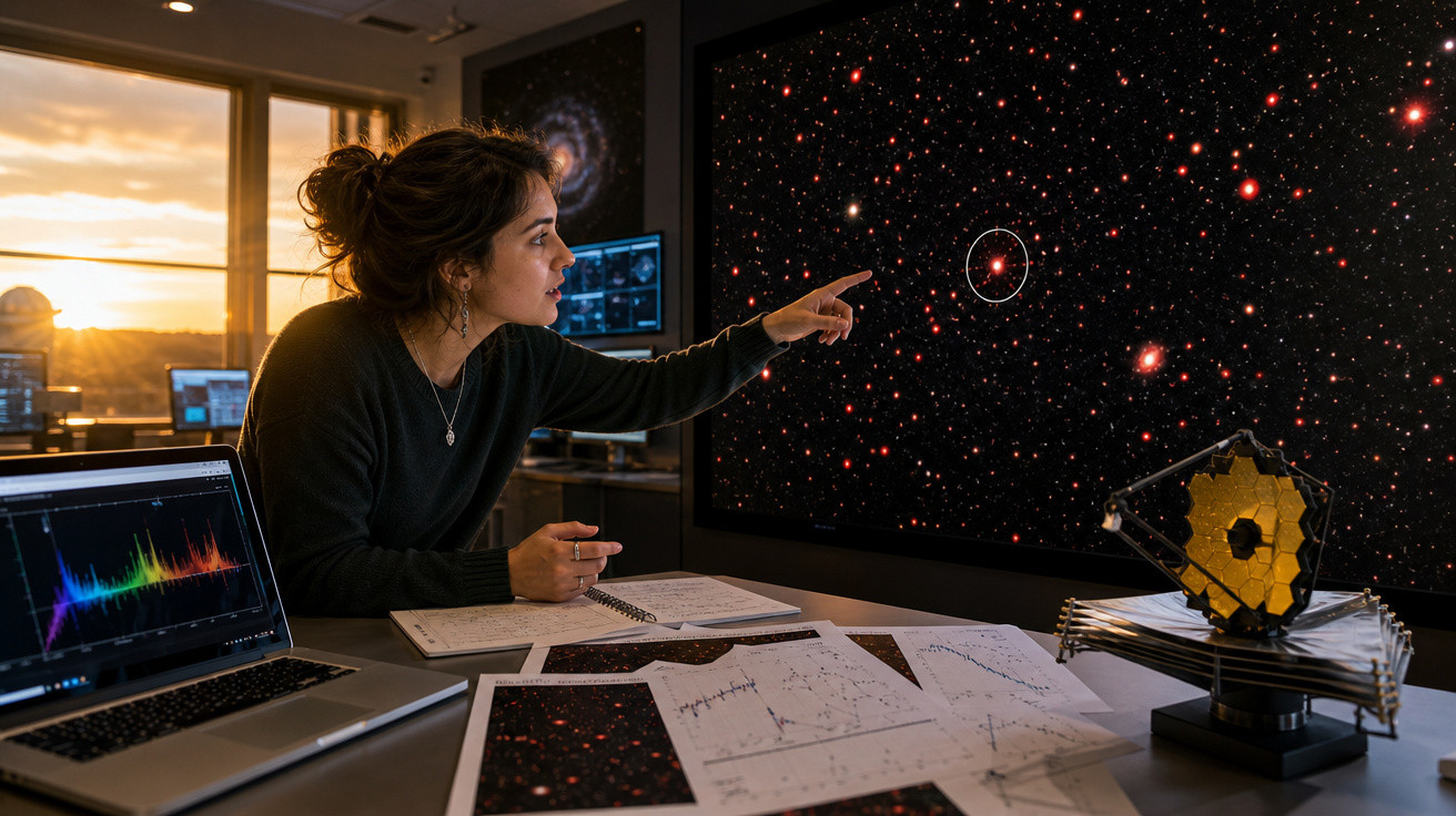 Mulher cientista observando imagem de estrelas em tela com gráficos e modelo do telescópio James Webb na mesa.