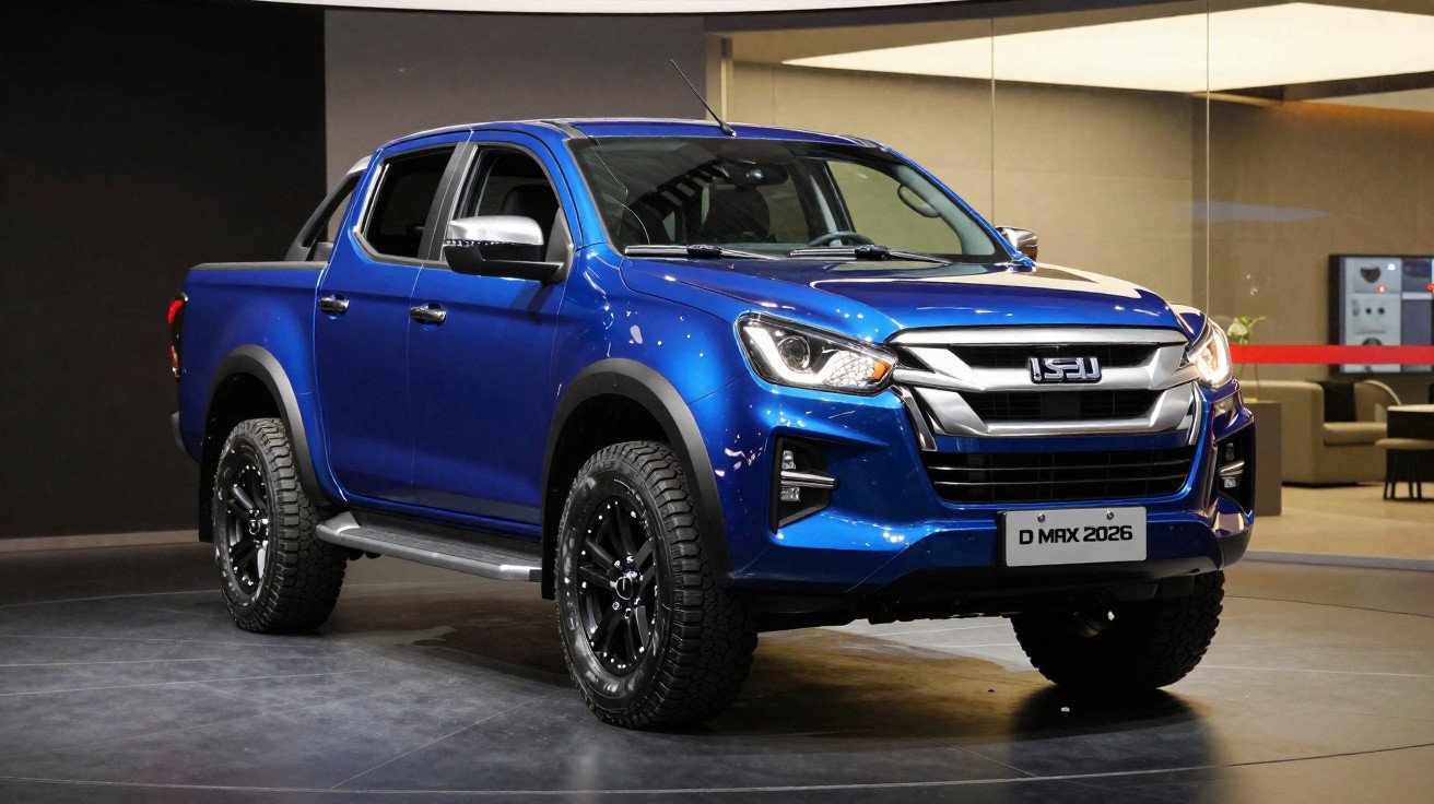 Picape azul ISUZU D-MAX 2026 exibida em estande com iluminação interna.