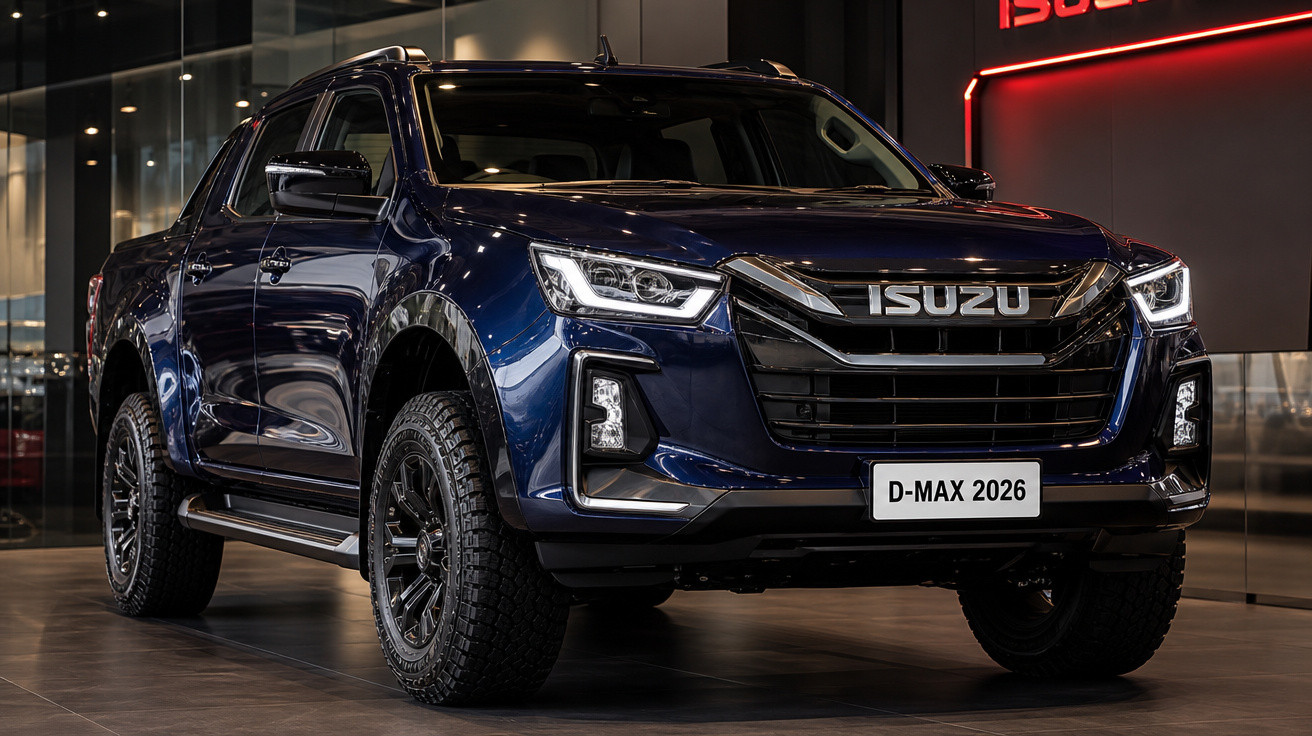 Picape Isuzu D-MAX 2026 azul escuro exibida em showroom moderno com iluminação ambiente.
