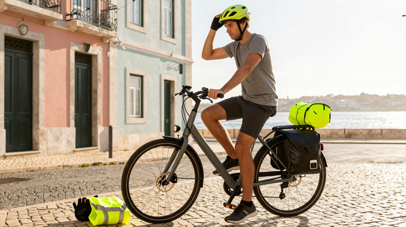 Homem de capacete verde ajusta luva antes de pedalar bicicleta cinza em calçada com mar ao fundo.